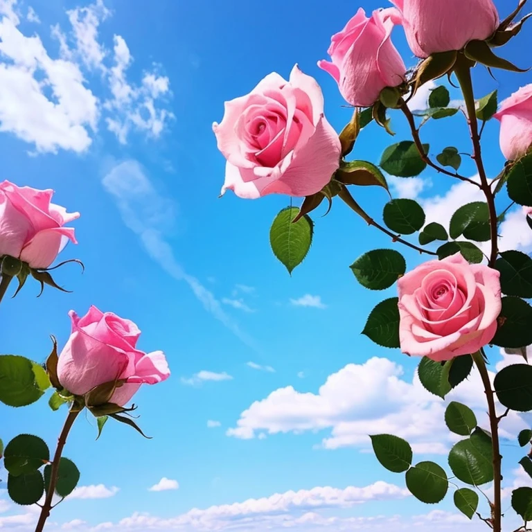 Lots of pastel pink roses、Scenery under the blue sky