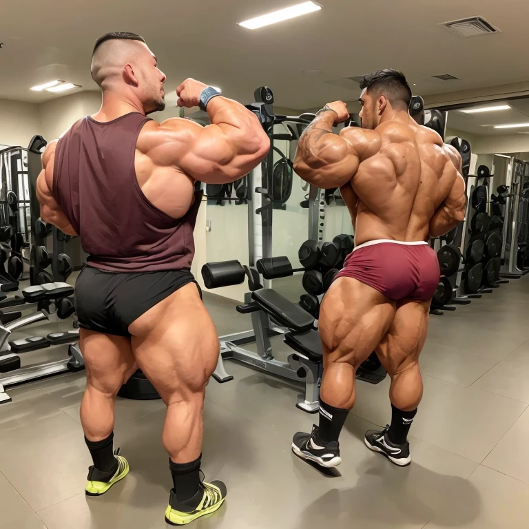 (one or two bodybuilders:1.4), (back view:1.4), (tank top:1.4), (at gym:1.4), 40's, Japanese man, manly face, fat face, (round face:1.4), (monolid eyes:1.2), (buzz cut:1.4), very large and strong body, bulky body, beefy muscles, (bulging muscles:1.4), (very large pectoral muscles:1.4), (muscular arms:1.4), muscular abs, muscular legs, muscular back, bright oily skin, (realistic:1.2), distant view