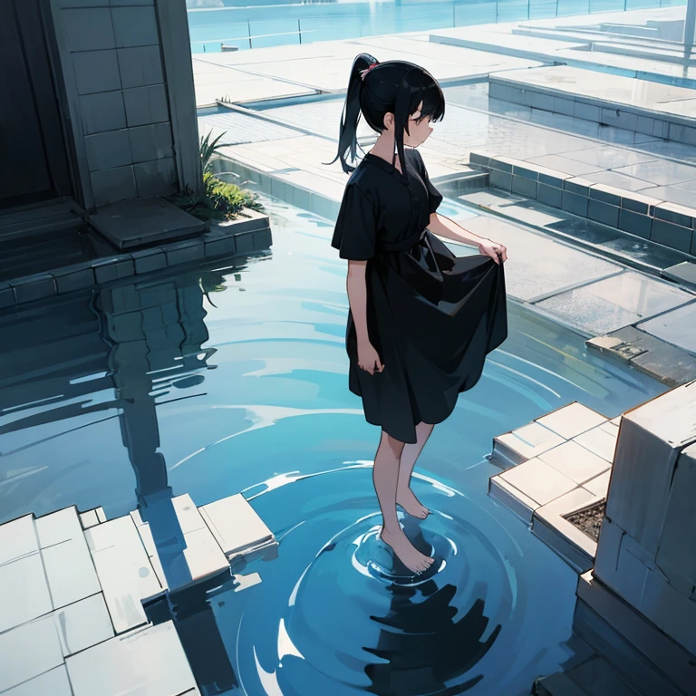 girl、black hair、ponytail、black dress、barefoot、white building、tile、water、inorganic、lonely