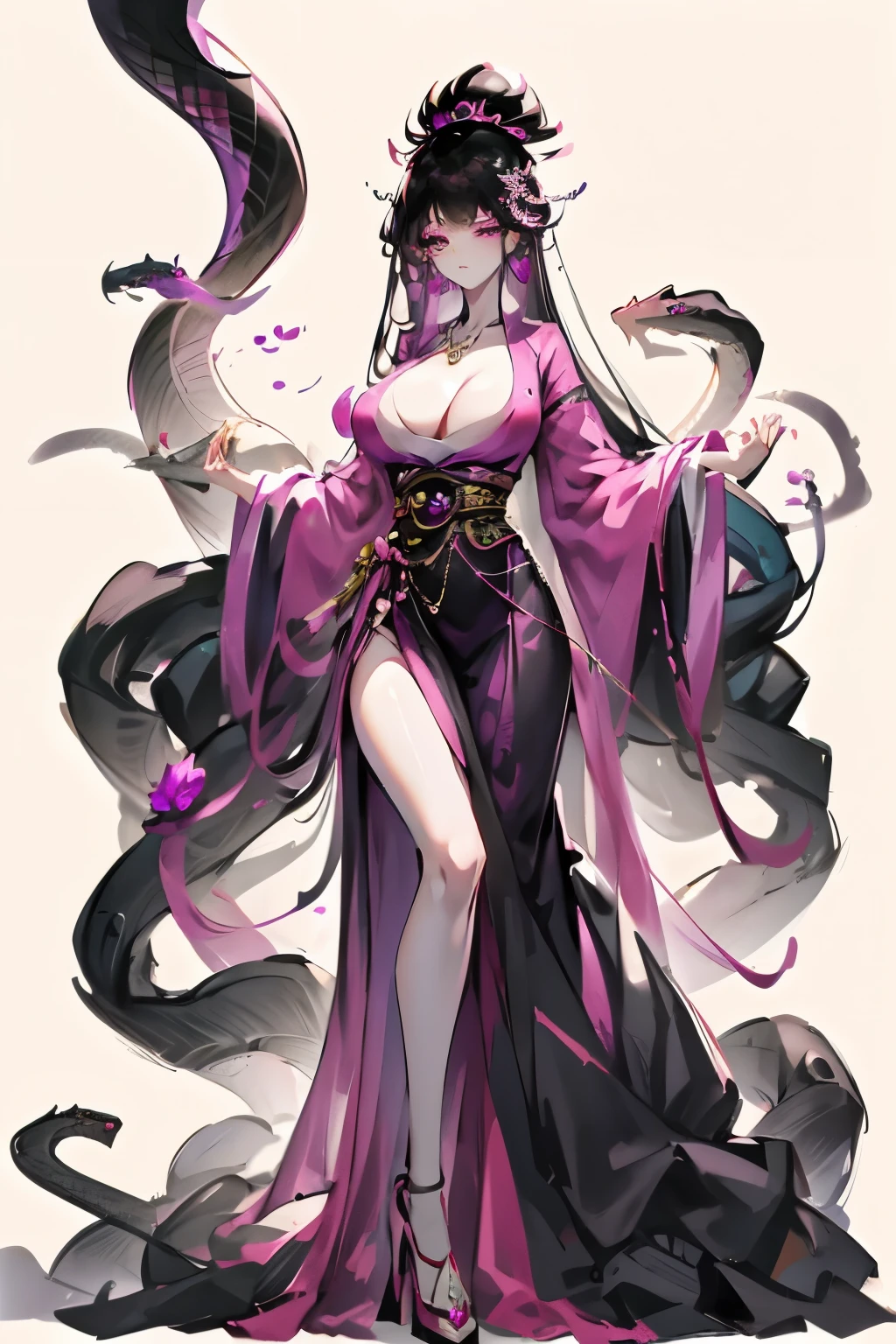 one piece snake empress boa hancock, purple and black color silk chinese dress outfit, snake shape earring, perfect body shape, long legs, masterpieces, empress aura, make up, surrounded by snake python, black long hair, black bright pupil, pink love shape bubble effect, big breast, high heels, solo, 4k wallpaper quality
