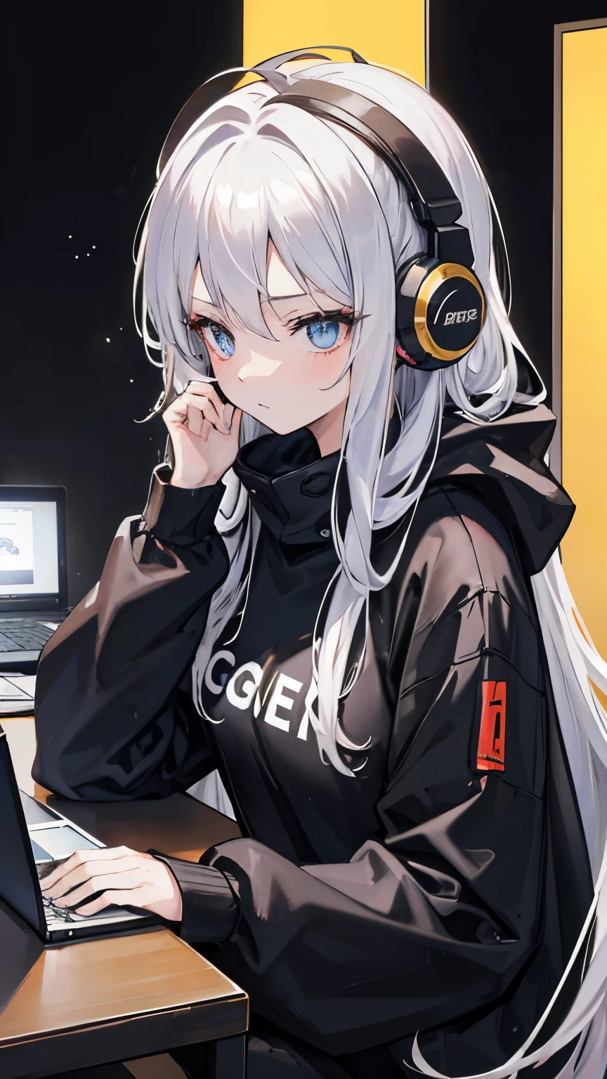 golden eyes、Woman using computer with big screen、silver hair、medium long hair、wearing cool headphones,{{{{{{{{ black hoodie oversized }}}}}}}},beautiful and delicate golden eyes,thought,black clothes,