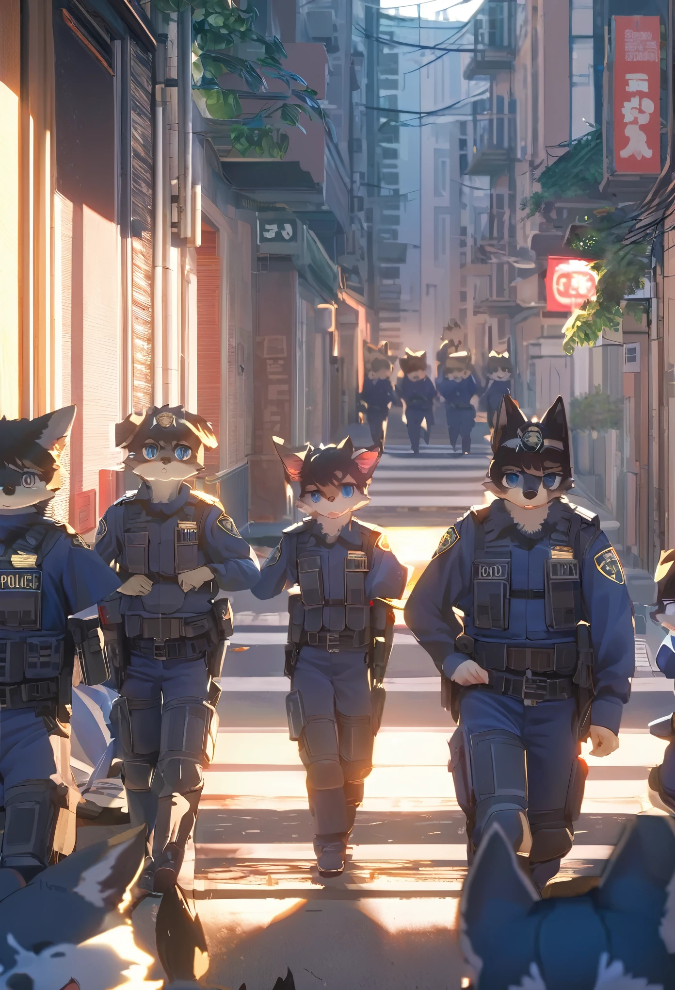 top quality, best quality, highres, masterpiece, super high resolution, detailed background, street, gasping for air(super handsome boys, dog)police officer, swat, police uniform, 6+boys, 6+girls, absurdres(highly detailed beautiful face and eyes)perfect anatomy, good lighting, volumetric lighting, cinematic shadow(kemono, furry anthro),