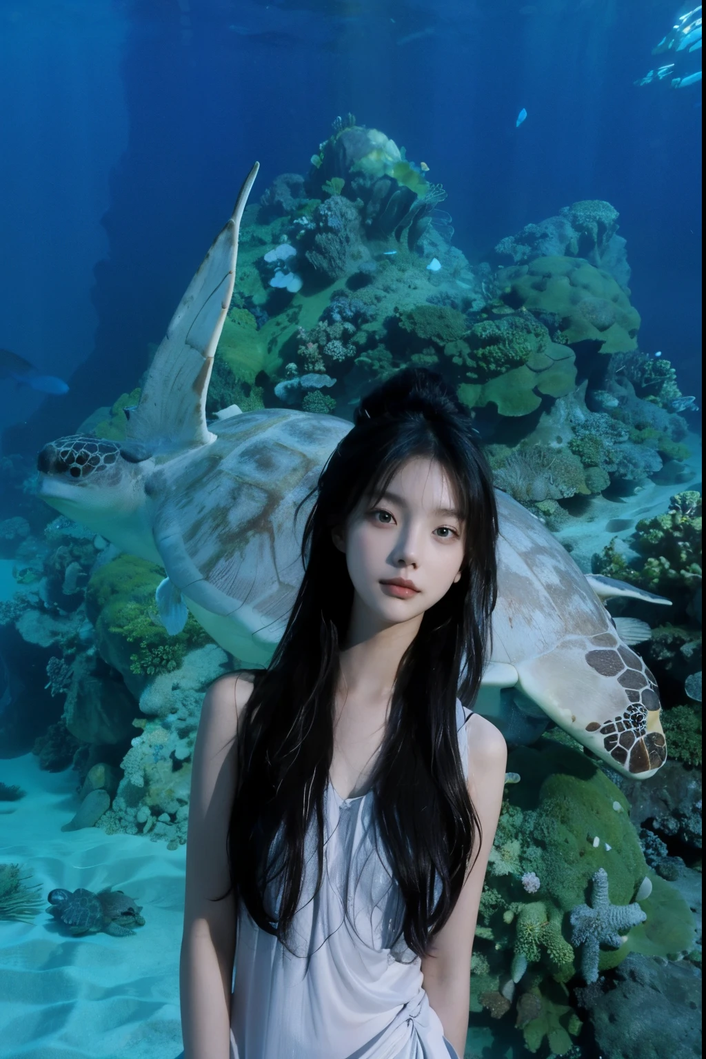 A lady stood in front of a large turtle, Bae Xiuzhi, Queen of the Sea Mu Yanling, Real photography of the Queen of the Ocean, standing at the bottom of the sea, Sha Xi, Okinawa Churaumi Aquarium, With big starfish, The album cover, Inspired by Miwa Komatsu, wenfei ye, at the bottom of the sea, in the sea, with magical creatures，nude