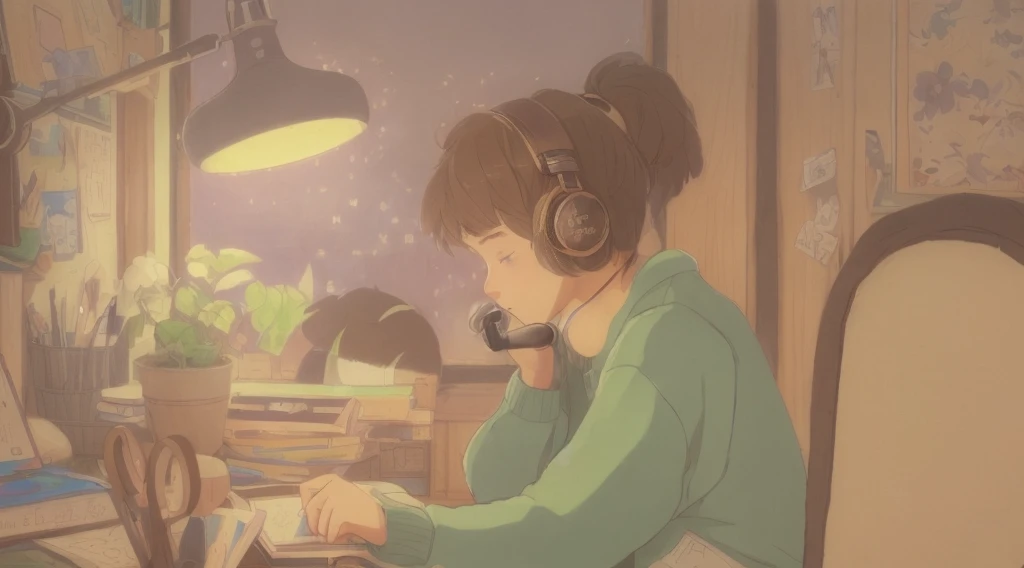 boy studying in his room, Read what's written in a notebook, wearing headphones, very cute, very detailed, Art at Studio Ghibli, very colorful, study in a Japanese-style room, pastel colour, ultra hd, very detailed, studio ghibli anime style ,masterpiece,great art,wooden table,sunlight from the window