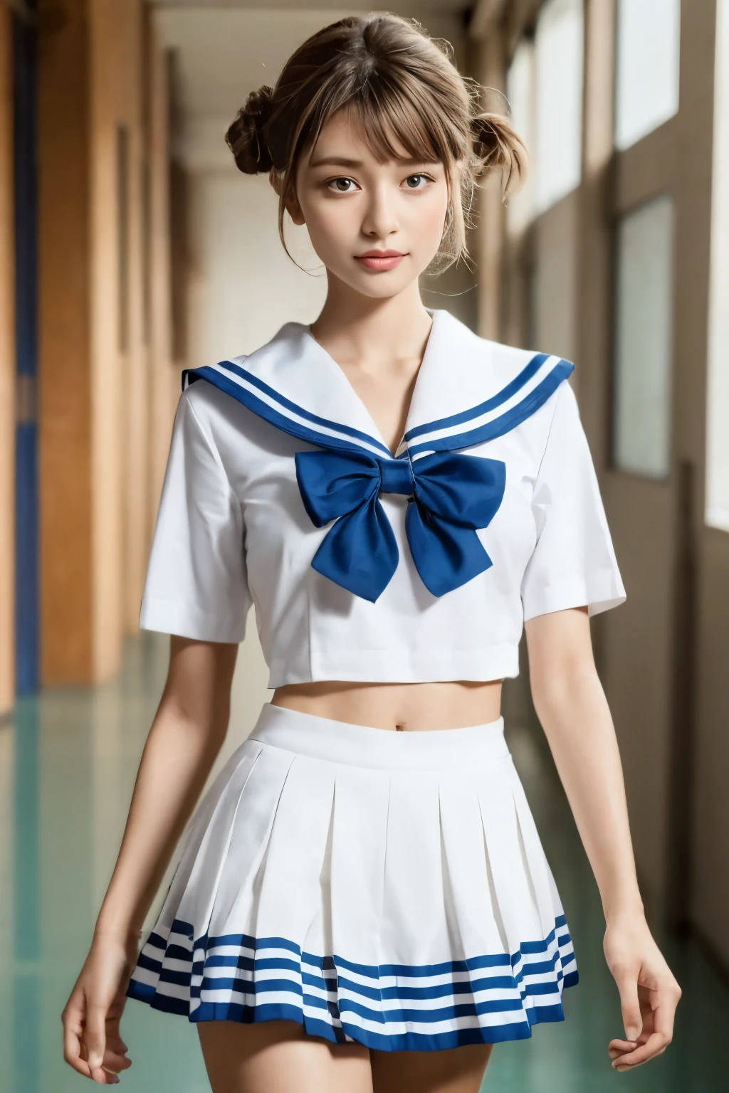 photorealistic, Ultra-detailed, (best quality, 8k, 32k, masterpiece, UHD:1.2), Photo of 22yo beautiful Hungarian woman taken by professional photographer, school hallway, ((walking)), summer sailor costume, short sleeve, sailor collar, bowtie, pleated mini skirt with panties, half updo hair, skinny, small breasts, navel,