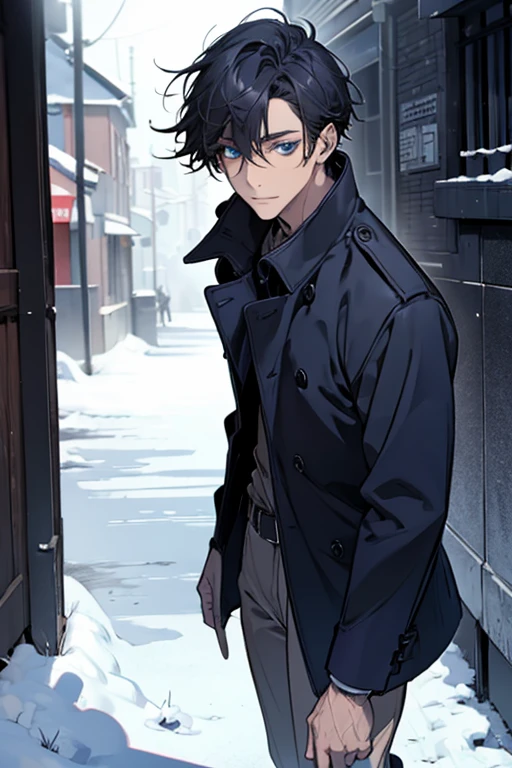 masterpiece, highest quality, disorganized, male,dark blue hair,,there&#39;s no one behind me,sharp dark blue eyes,trench coat,snow scene,dark blue eyes,quiet,Calm,soft smile