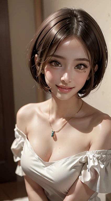 (highest quality, 8K, masterpiece: 1.3), Pretty woman with perfect figure: 1.4, dark brown hair, big, wearing a pendant, torn shorts, sleeping in the bedroom, highly detailed face and skin, fine eyes, double eyelid, highest quality, masterpiece, (realistic: 1.4), one woman, golden ratio, high angle shot, eye care, low angle shot, perfect face, beautiful figure, cute face, close up of face, zoom in on the face, short bob, short hair, smile from different angles, smile, luster, highlight, luster, lustery on skin, lustery on skin, Wet skin, Wet, bangs, cute smile, bust, off shoulder, Refreshing charm, elegant, perfect hands, smile from angle, smile, lusterのある, highlight, lustery skin, bangs, bust, big, Warm off shoulder, Refreshing charm, ears are sticking out, stare at the camera, Pose at different angles