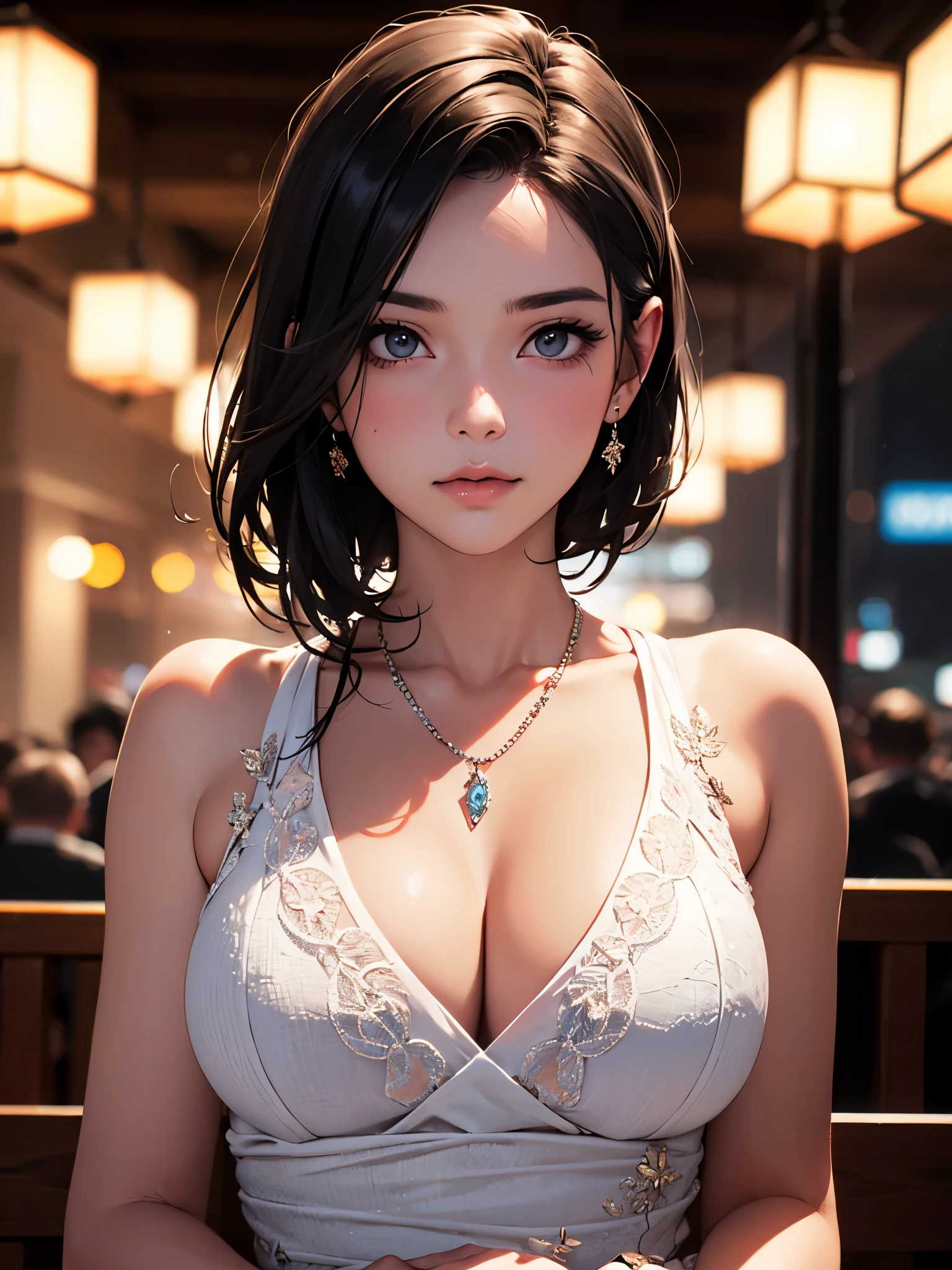 best quality, masterpiece, High resolution, a girl, Japanese wedding, necklace, jewelry, pretty face, big breasts, more than_Body, Tyndall effect, lifelike, dark studio, edge lighting, two-tone lighting, (HD skin: 1.2), 8K Ultra HD, SLR camera, soft light, high quality, Volumetric lighting, frank, photography, High resolution, 4K, 8K, Bokeh,