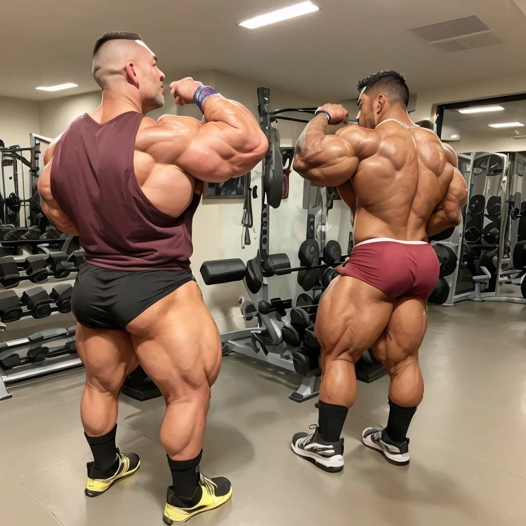 (one or two bodybuilders:1.4), (back view:1.4), (tank top:1.4), (at gym:1.4), 40's, Japanese man, manly face, fat face, (round face:1.4), (monolid eyes:1.2), (buzz cut:1.4), very large and strong body, bulky body, beefy muscles, (bulging muscles:1.4), (very large pectoral muscles:1.4), (muscular arms:1.4), muscular abs, muscular legs, muscular back, bright oily skin, (realistic:1.2), distant view