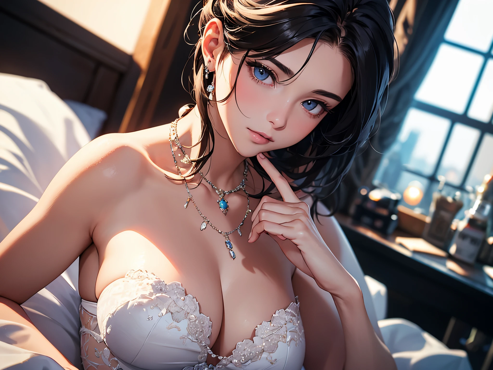 best quality, masterpiece, High resolution, a girl, gorgeous wedding dress, necklace, jewelry, pretty face, big breasts, more than_Body, Tyndall effect, lifelike, dark studio, edge lighting, two-tone lighting, (HD skin: 1.2), 8K Ultra HD, SLR camera, soft light, high quality, Volumetric lighting, frank, photography, High resolution, 4K, 8K, Bokeh,
