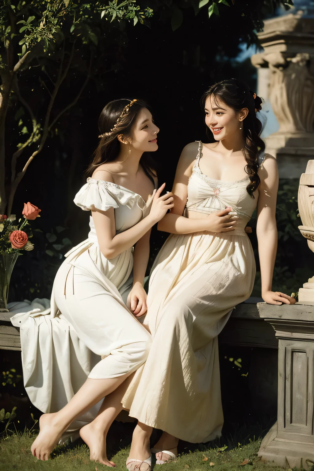 full body portrait or statue、Giorgione painting style,Arguments of two female Philosophe,math、astronomical machine、astronaut、roses in vase、fruits、Cute trinkets、smile、ancient greek costume、Ancient Roman landscape in the style of Nicolas Poussin,laughter,,Sweet and seductive appearance.、Caravaggio's paintings、Chiaroscuro of Caravaggio、hair tousled by the wind,Two women frolicking,cute smile, expression of ecstasy,Sexy,erotic