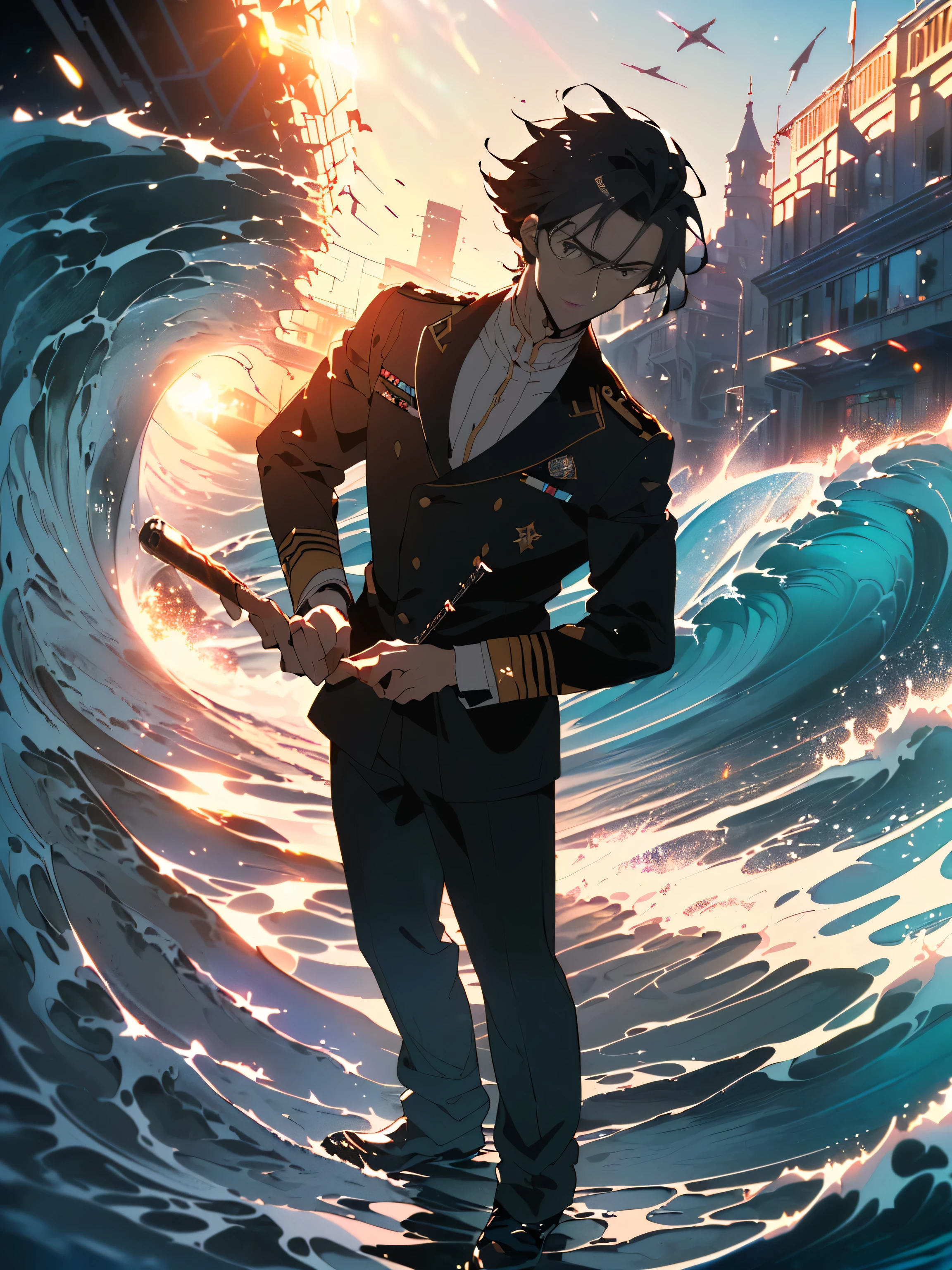 (highest quality、masterpiece、High resolution、detailed)、(Shining eyes、detailed beautiful face)、(looking away:1.9), (cowboy shot:1.6)、8k, (man in his 30s:1.7、commander:1.8、Handsome guy:1.8), white and soft skin, (black hair:1.8、red mesh:1.4), (golden eyes), (orchestracommander:1.9), (A cool and cool look),(orchestra:1.8)、 (Look at the orchestra.:1.9)、(wave a baton with one hand:1.9), serious, delicate features, front light, front light source, portrait, (full body:1.7), (concert hall:1.7), (Vast space:1.3)、red rose:1.2、(beautiful anime:1.6)
