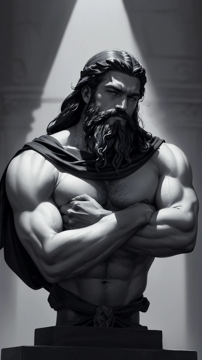 Black and white Image of a half body statue depicting a muscular, bearded man. The statue should be thinking about something in the style of ancient Greek art, characteristic of Stoicism. It should feature clothing elegantly draped over one shoulder. The background should be kingdom and dark and epic, highlighting the statue as the central element. The statue must demonstrate exceptional craftsmanship, with intricate details visible in the facial features and attire. The image should have a dramatic feel, achieved through the interplay of light and shadow. The perspective should be a wide shot.