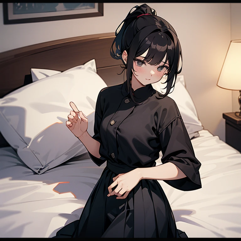 woman、black hair、ponytail、skirt、bed