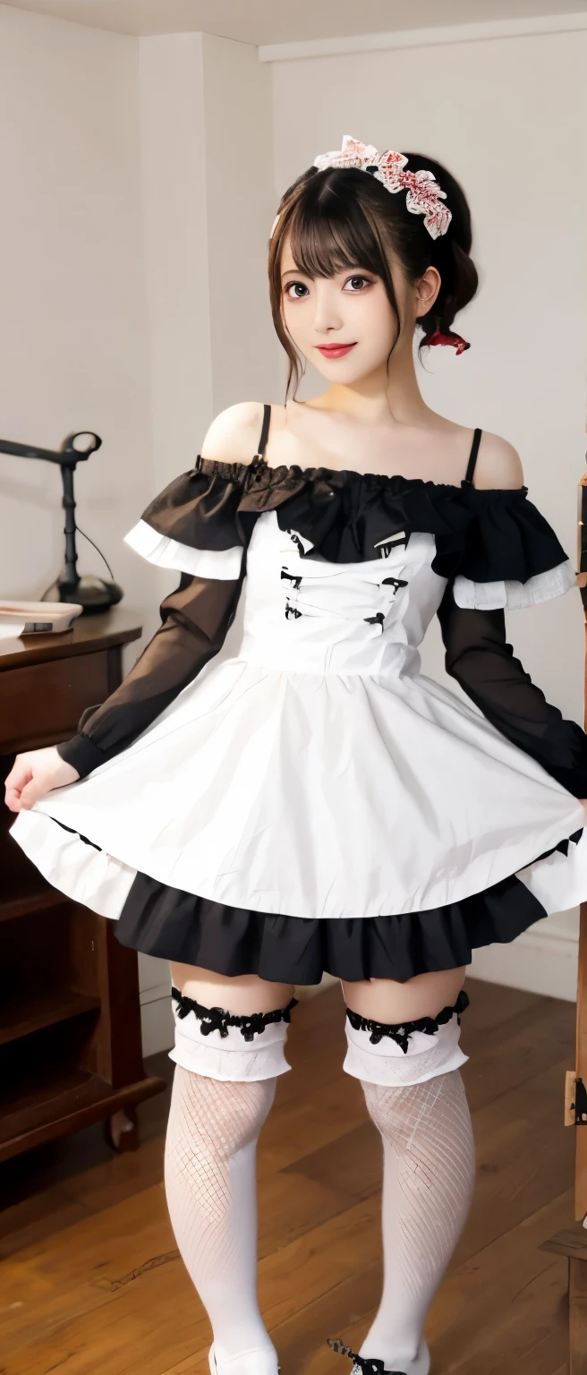 Dark fairytale punk idol girl、、Red and white mini lolita fashion（off shoulder）、tall、good style、whole body、、、、pig tail、stripedsocks