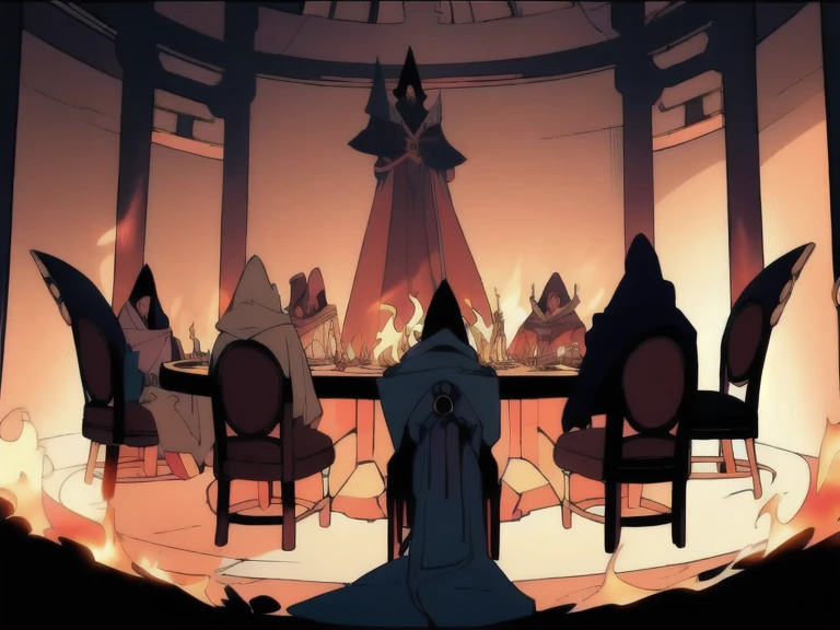 ((Character, best quality: 1.5, masterpiece, 8k detailed, flat colors, anime)), solo: 2, dimlight, dark, pyre, brimstone, six hooded people in a circle, roundtable, tall chairs, sitting, 