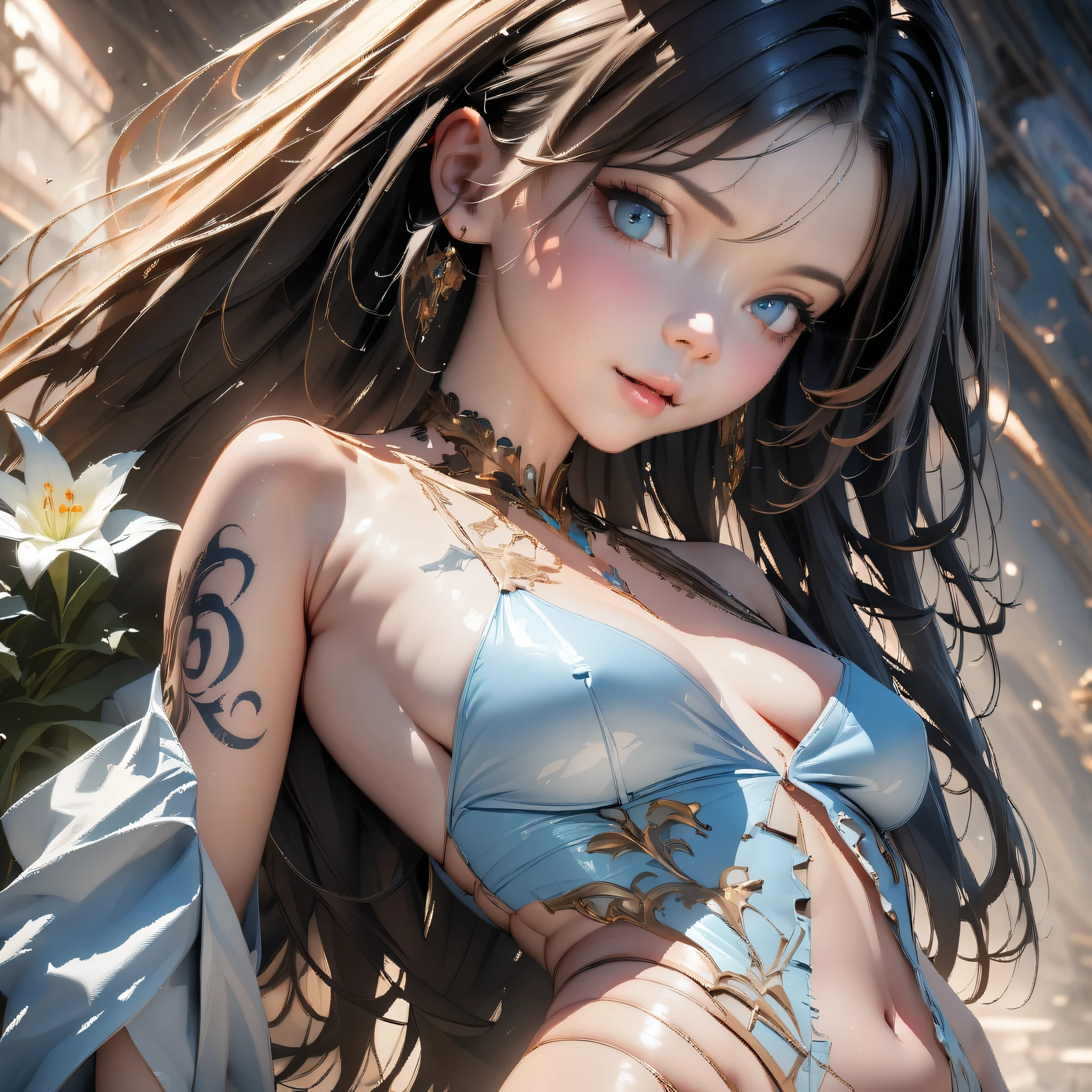 ((1 girl - solo 16+, full length, waist-length, free - relaxed pose, standing)), (masterpiece, best quality: 1.3), (ultra detail: 1.3), (best quality, high resolution, photo-realistic: 1.37)). ((Orange, pink, white, and green details), (girl 16+,( in flower-T tattoos, starry sky, white hair), (dark hair, shoulder-length, long hair), (elegant body, dark stylish t-shirt, tech clothes: 1.1), (beautiful hands in jewelry bracelets, tattoos,(NSFW), (Rockstar)). ((Calm look, relaxed pose, standing)). ((Abstract background with lines and circles), (Technical background - abstraction, (high-tech), (many flowers - lilies), (real flowers decorate the interior), (flowers look amazing), exquisite design, mostly in light colors: (white, blue, yellow, gold)). ((Best quality), (surrealism: 1.3), (masterpiece: 1.2), (fantasy: 1.2, surrealism: 1.3),). ((High resolution, clear image), (best quality: 1.37), (realistic 3D rendering), (settings, soft light-shadows, flooded sunlight, contrasting shadows - cold tones, warm soft light)). (Technical background - abstraction), (modern style, HD detail, cinematic, surrealism, Deep focus, ray tracing, Diffusion.