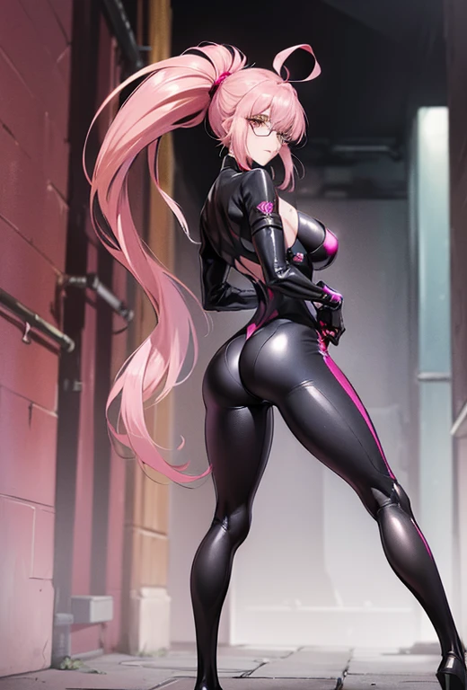 (masterpiece),(high resolution),extra limbs,missing limbs,extra digit,missing digit,fused fingers,mutanted hands and fingers,1woman,full body,(((super realistic))),pale skin,fighter,(((pink color long ponytail hair))),evil smile,(blonde color eyes),large breasts,large butocks,(pink fox ears),(pink fox 1 tail),woman,(white rimless frame glasses),(black catsuit),(hand on own ass,contrapposto stand),sweat,(cyberpunk background),(((Fate/Grand Order,character,Koyanskaya origin))),Tamamovich Koyanskaya(Spy Wind),evil woman,attribute(Lawful Evil Beast),