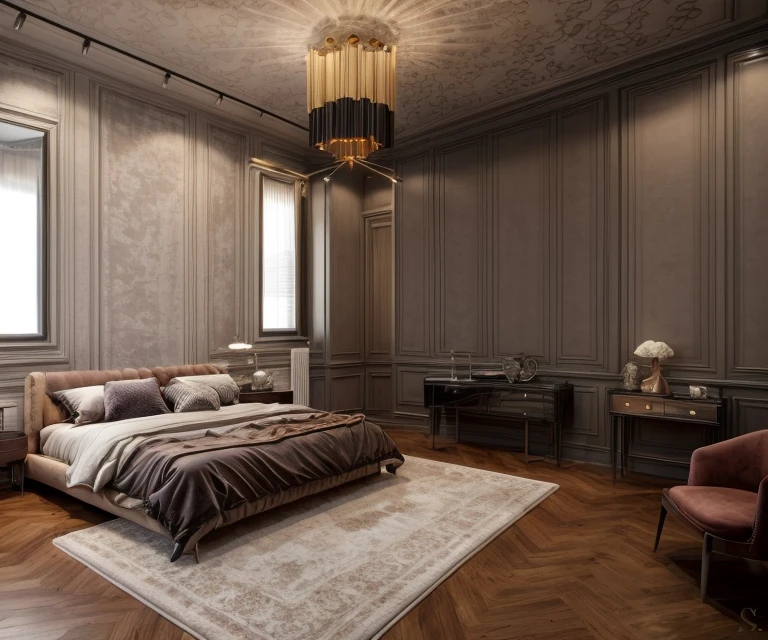 luxurybedroom,luxury, bed, rug, cozy lighting from chanderlier, (flat ceiling)