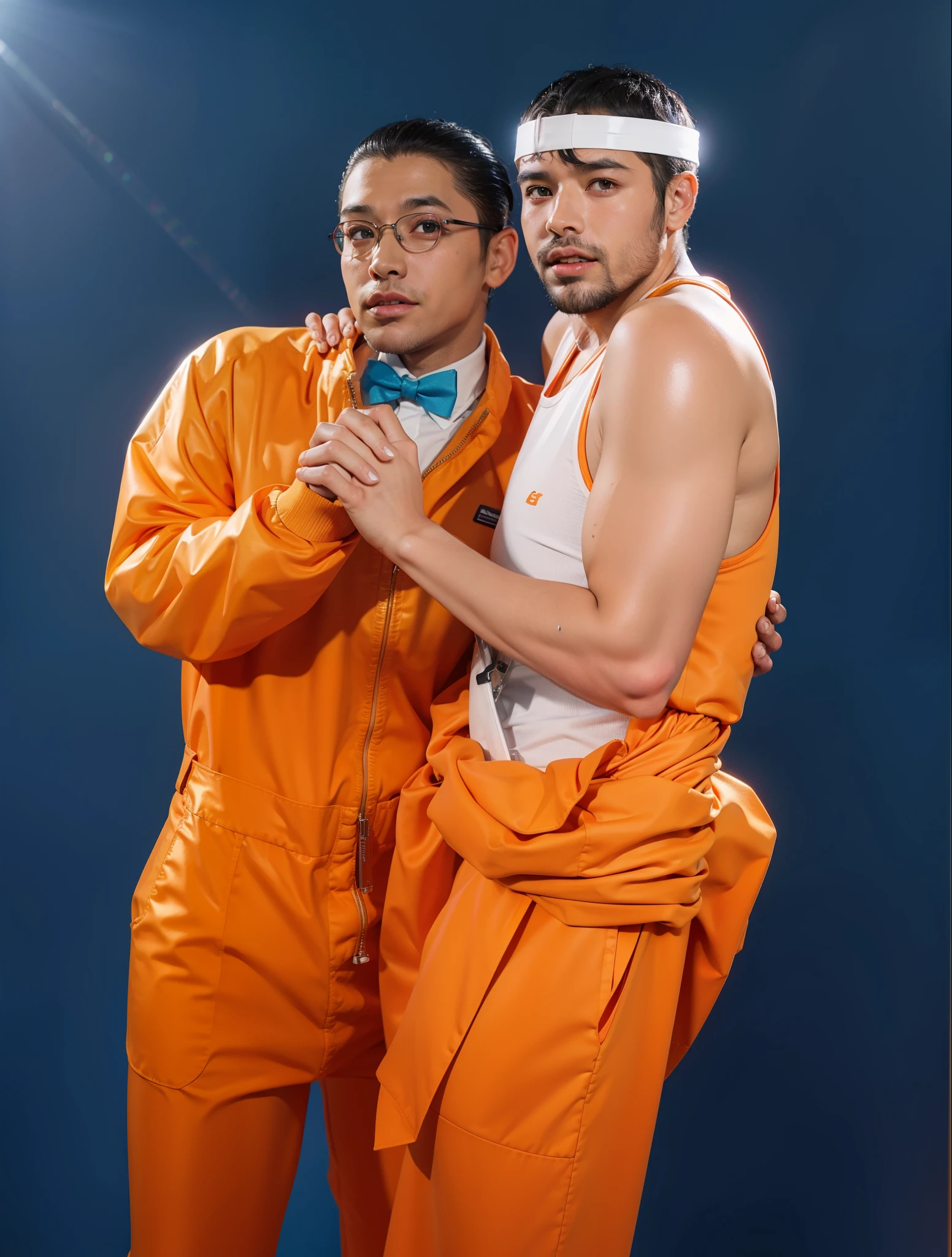 they are two men in orange uniforms posing for a picture, wearing orange prison jumpsuit, dressed in orange inmate attire,, wearing prison jumpsuit, prison jumpsuit, wearing an orange jumpsuit, one of them is white another one is black, l, multiple light sources, rim light, sharp post effects render, (glossy plastic texture with multiple big light probe refractions), perfect cgi, smooth silhouette, high intensity refraction, (super glossy material), most beautiful vfx, blue background, plastic refractions, realistic, 4k, high resolution, rim light, she is flying, she is laying on the floor, photo shoot, commercial photo, profile shot, 4k, rim light, high resolution, 4k, glossy texture, smooth 3d model, multiple light sources, rim light, sharp post effects render, (glossy metallic texture with multiple big light probe refractions), perfect cgi, cgi art created only with gradients, smooth silhouette, high intensity refraction, (super glossy chrome material), most beautiful vfx, blue background, chrome metal refractions, multiple light sources, rim light, sharp post effects render, perfect cgi, anthropomorphic cat, digital art, detailed digital art, reflective, best quality, 4k, masterpiece:1.2, ultra-detailed, realistic, vivid colors, dark and moody lighting, The image of the highest quality, ensuring every detail showcased perfectly. It in 4k resolution, allowing viewers to immerse themselves in the richness of the colors and intricate details. The realistic rendering. under the spotlight, reflecting, high-resolution image, realistic rendering, dark background, and rim light photorealistic