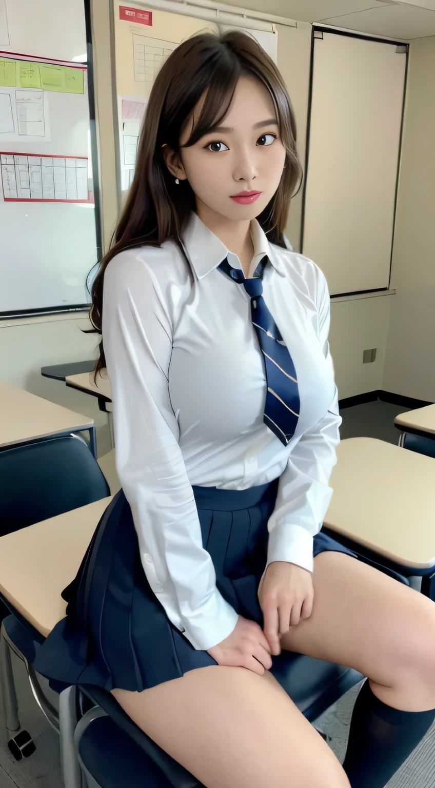 mix 4, (16K, RAW photo, best image quality, masterpiece: 1.45), (realistic, Photoreal: 1.37), one girl, cute, cityscape,, professional lighting, photon mapping, School classroom, Physically based rendering, dark brown hair,ponytail hairstyle, Handsome, well-groomed and beautiful eyes、double eyelid、with a girl, (((school uniform、blazer、Long-sleeved shirts worn by Japanese high school girls、ribbon tie、navy blue mini skirt,、dark blue socks、black loafers))), highest quality photos, High resolution, 1080p, (clear face), (Detailed facial description), (Detailed hand explanation), (masterpiece), (Detailed CG)、extreme light and shadow、messy hair、master work、Rich details、(detailed facial features)、(highest quality photoasseter muscle part)、(detailed eye)、look in front of you、thin clavicle、((slender and big))、(((Japan wears long-sleeved shirts)))、((neat idol))、((School、classroom、blackboard、desk work、Chair))、(Take photos from random viewpoints)、(((Anyway it&#39;s cute)))、earrings、big smile、Draw the whole body from the knees、Do not draw fine lines、(((Sports bags used by Japanese female students)))、(Big big breasts with big drooping:1.2)、big firm butt、two arms、two legs、(((From the back:0.7)))、bare hands、symmetrical eyes、please put your hands on the desk