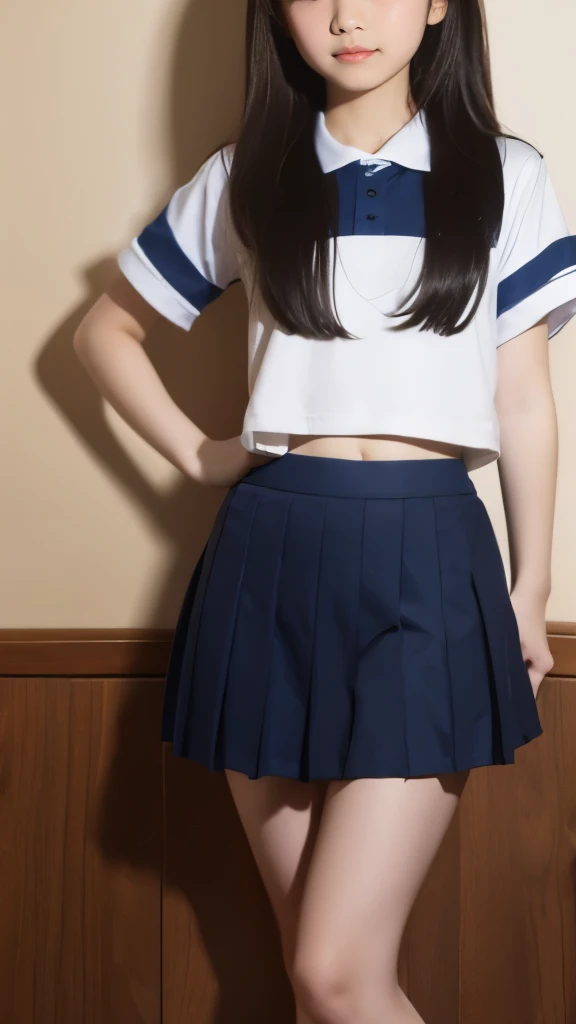 a girl，asian face，small ，Fourteen，Wearing school uniform sportswear and sports skirt，Lift the top，Leaking belly button