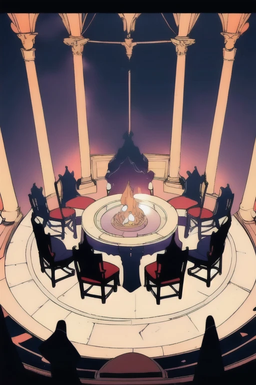 ((Character, best quality: 1.5, masterpiece, 8k detailed, flat colors, anime)), solo: 2, dimlight, dark, pyre, brimstone, six hooded people in a circle, roundtable, tall chairs, sitting, far shot view, from above,