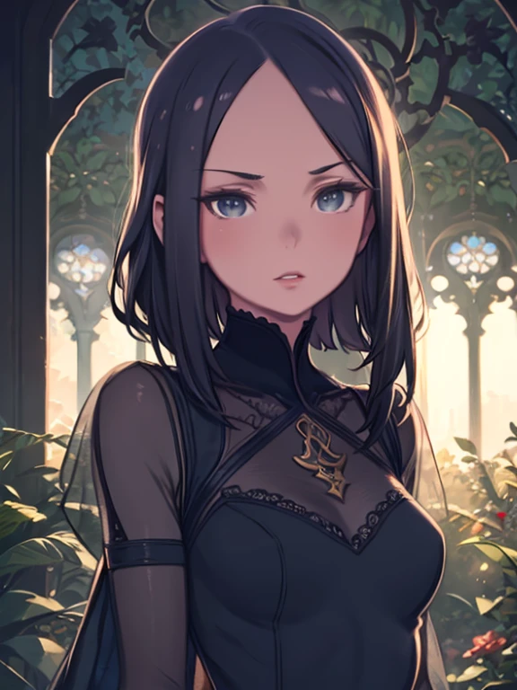 short hair, mmmm, (sharp focus:1.2), photograph, attractive young woman, (beautiful face:1.1), fine eyes, luscious lips, (bold red lip color:0.85), (medium breasts:1.0), (Because I'm slender:1.2), (long hair:1.2), wearing (1980s peplum dress:1.2) in (botanical garden:1.2). (moody lighting:1.2), Depth of the bounds written, Bokeh, 4k, HDR. by (james c. Christensen:1.2|Jeremy Lipking:1.1).