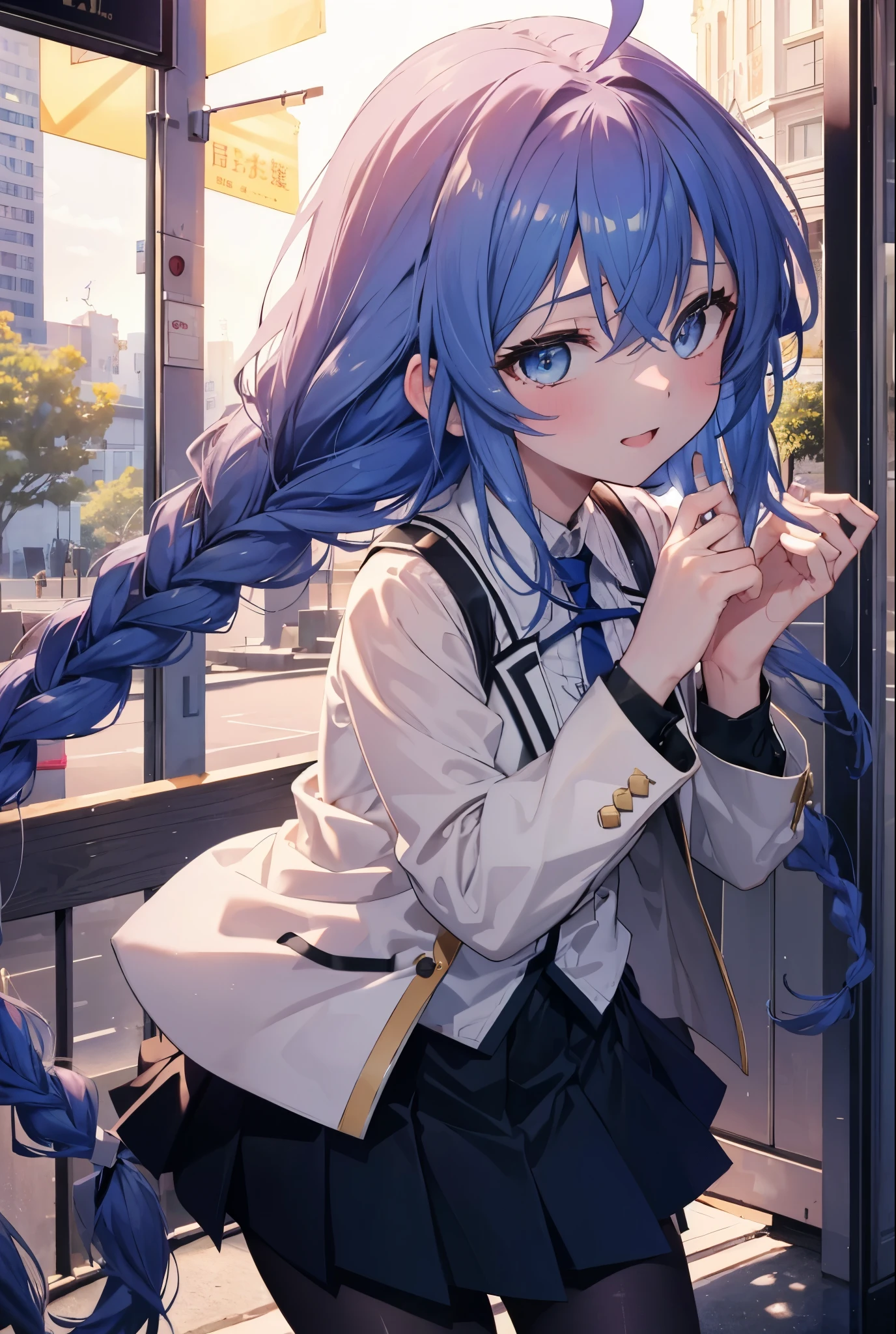 (masterpiece,intricate details),1 girl,mature woman,light _face, BREAK Roxymigurdia, Roxy, Ahoge, black ribbon, blue eyes, blue hair, Braid, hair between eyes, hair ribbon, long hair, twin Braids, very long hair,happy smile, smile, open your mouth, Destroy White Y-Shirt,Blue Blazer,Blue pleated skirt,Gray pantyhose,White Loafers,
壊す looking at viewer,
break outdoors, In town,Destroy a city of buildings (masterpiece:1.2), highest quality, High resolution, unity 8k wallpaper, (figure:0.8), (detailed and beautiful eyes:1.6), 非常に詳細なface, perfect lighting, Very detailed CG, (perfect hands, perfect anatomy),