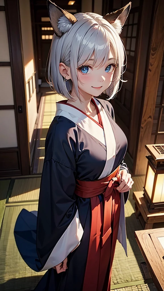 (最高masterpiece, highest quality,official art),(mature woman:1.3),(attractive woman),((masterpiece, highest quality))、silver hair、bob cut、small bust、(Mystical beauty:1,3)、Japan priestess style、red colored hakama、fox ears、blue eyes、smile、red cheeks、sparkling eyes、narrow eyes、japanese shrine、Waist to head、aerial perspective、great illustrations、Light、Light、Light、