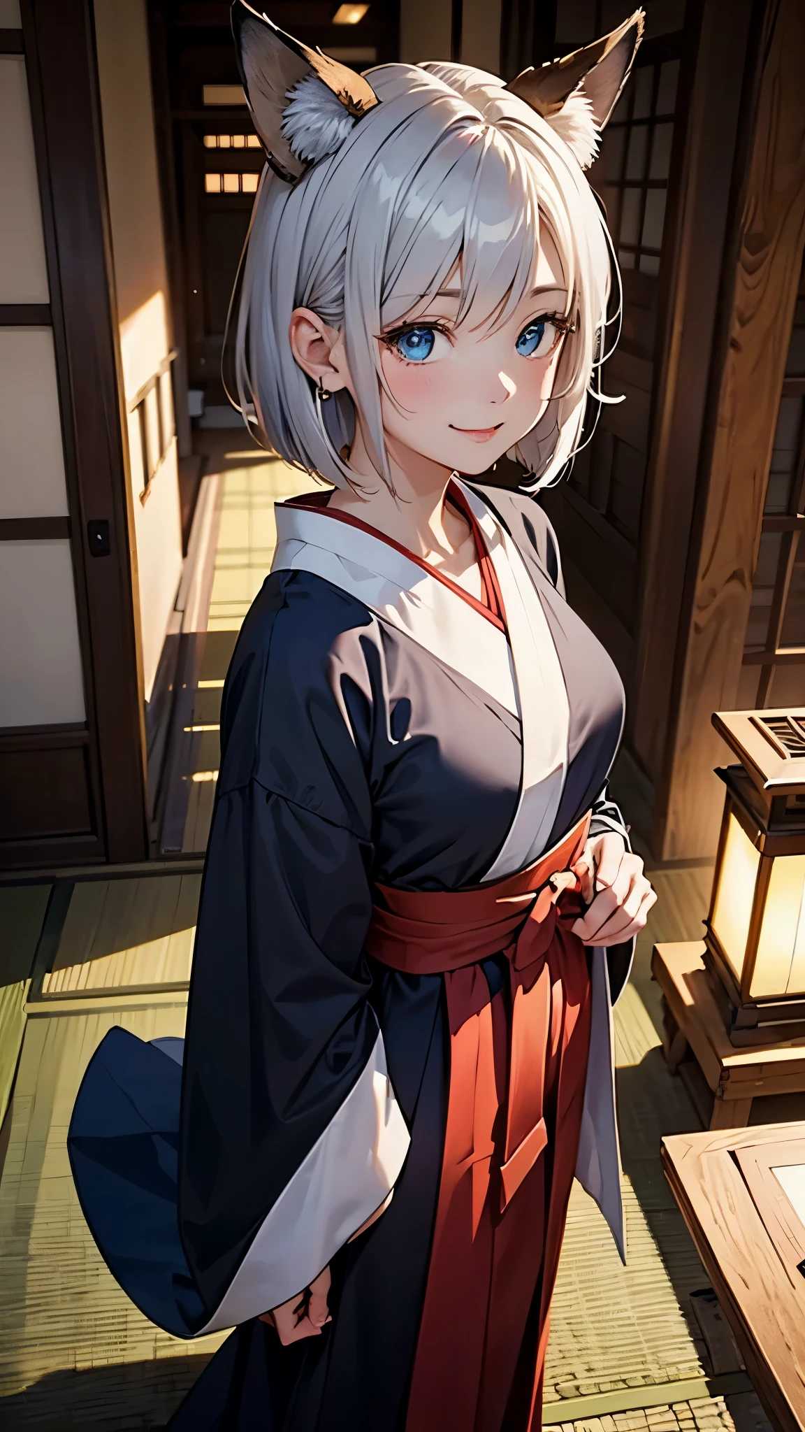 (最高masterpiece, highest quality,official art),(mature woman:1.3),(attractive woman),((masterpiece, highest quality))、silver hair、bob cut、small bust、(Mystical beauty:1,3)、Japan priestess style、red colored hakama、fox ears、blue eyes、smile、red cheeks、sparkling eyes、narrow eyes、japanese shrine、Waist to head、aerial perspective、great illustrations、Light、Light、Light、