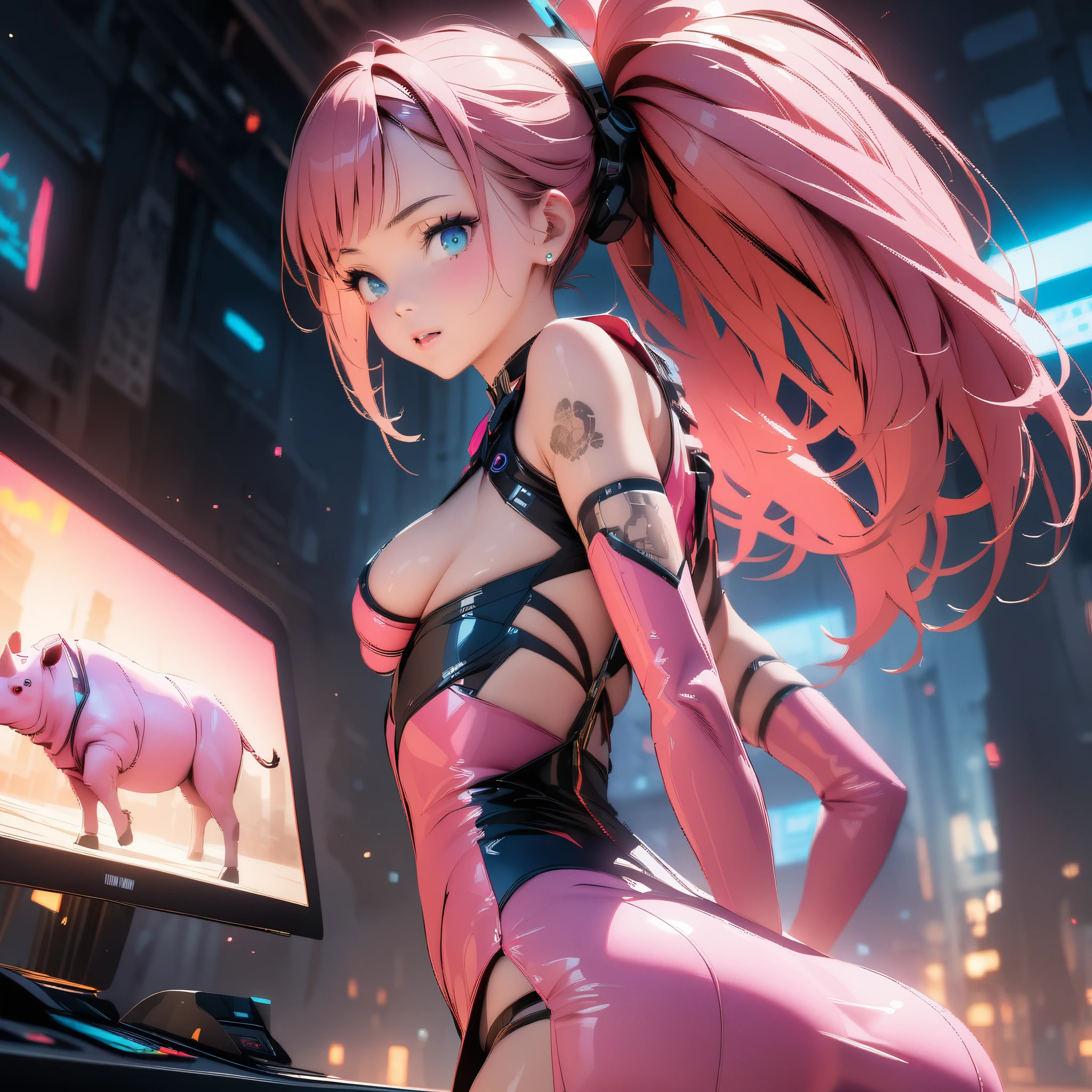 ((Very nice young girl in full height +))_((With pink hair, posing in black and pink clothes with a pink rhinoceros), (tanned skin, dark skin, seductive - hot stripper), (very sexy), (NSFW), (modern style, comics, cyberpunk, future, colored fill, rich colors))_((Very elegant, stands half-turned, athletic posture), (looks at the viewer). Tattoos on the body, fashionable short dress, devices on the body))_(( Strip club, city of the future, evening city, lights, illumination), (high image quality, Full HD), (cinematic comic, 3D visualization_in comic style - linear stroke, color fill, high-quality stroke - masterpiece), (TOP computer graphics ART) )_((Dark lighting, strong shading), (bright, anime, comic, creative, sharp focus, 8K))_(Highly detailed drawing, lines, high-quality background (shades of cool tones, red, warm highlights, side lighting), (Architecture, cyberpunk, futurism. Film grains, dust and particles in the air)).