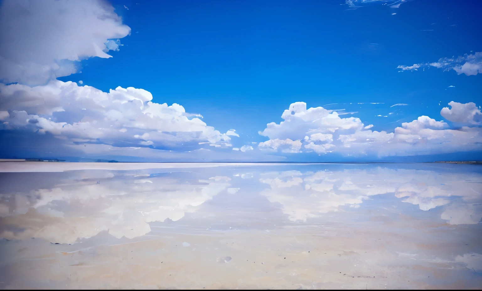 There is a large area of water and clouds in the sky, 建在Salar de Uyuni上, In the Salar de Uyuni, Salar de Uyuni, clear reflection, Extremely clear and coherent, Wonderful reflection of the sky, Giant planets，Clear as a mirror, Glass reflection, incredibly beautiful, stunning sight, wide angle landscape photography