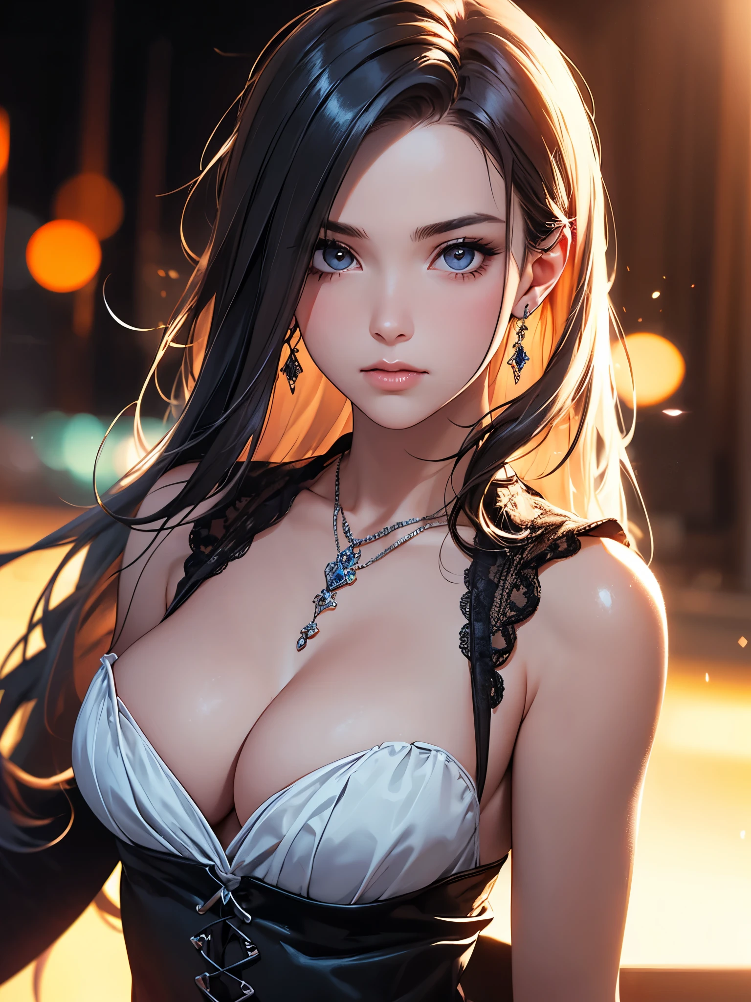 best quality, masterpiece, High resolution, a girl, gothic clothing, necklace, jewelry, pretty face, big breasts, more than_Body, Tyndall effect, lifelike, dark studio, edge lighting, two-tone lighting, (HD skin: 1.2), 8K Ultra HD, SLR camera, soft light, high quality, Volumetric lighting, frank, photography, High resolution, 4K, 8K, Bokeh,