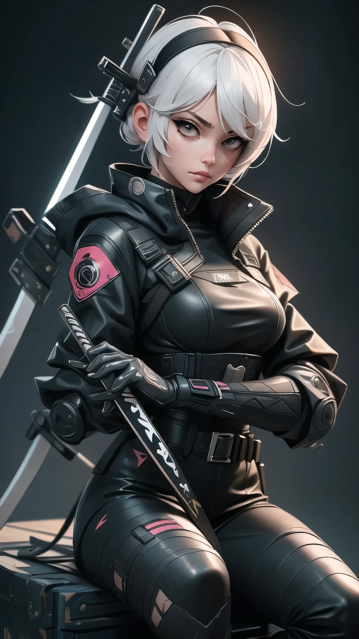 a woman sitting on a box with two swords in her hand, very beautiful cyberpunk samurai, wearing japanese techwear, wearing techwear and armor, anime cosplay, photograph of a techwear woman, cyberpunk samurai, cyberpunk streetwear, samurai style, techwear fashion, future techwear, samurai outfit, anime girl cosplay, techwear look and clothes, cyberpunk nun warrior, techwear.white hair. 2B nier.