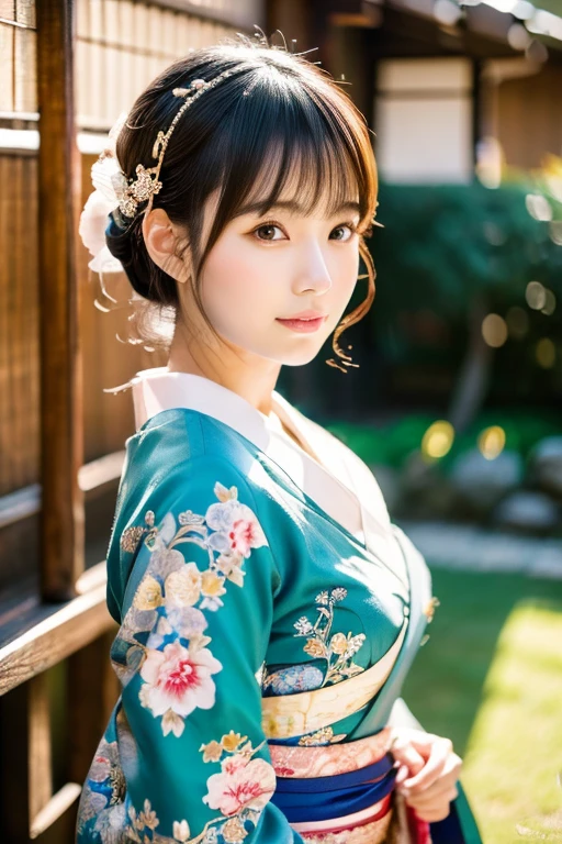 (8k, RAW photo, best quality, perfect anatomy, masterpiece:1.2), (realistic, photo-realistic:1.4), (extremely detailed 8k wallpaper), sharp focus, professional lighting, depth of field, cinematic lighting, 25 years old Beautiful and cute japanese actress, Low - Angle, Traditional Japanese kimono, Furisode, Graceful pose, Intricate patterns, Vibrant colors, Japanese textile artistry, Traditional Japanese hairstyle, Kanzashi, Ornate hair accessories, Serene atmosphere, Traditional Japanese backdrop, Tatami room, Japanese garden, Sophisticated beauty, Timeless allure