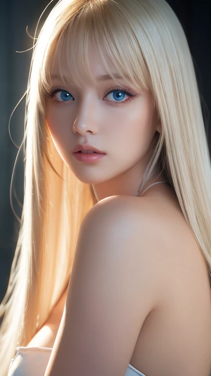 unparalleled beauty, Glossy, firm and shiny skin, bangs between eyes, Gorgeous straight beautiful platinum blonde, super long straight silky hair, eyeliner, sexyで美しい無邪気な16歳, High resolution amazing big beautiful bright light blue eyes, beautiful and nice girl, ((Huge ))、((erotic、sexy、ultra high resolution、the lighting is bright、Accurate hand without discomfort))、