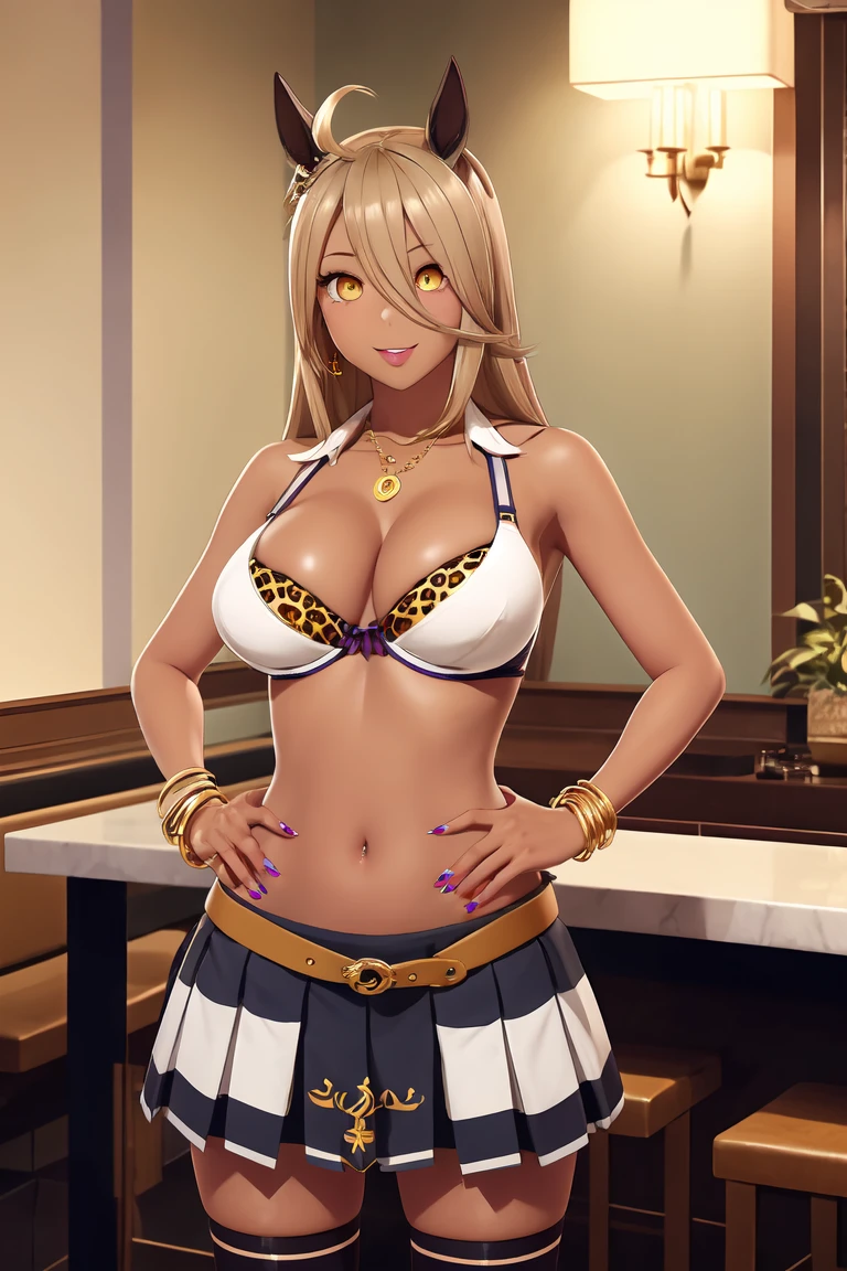 NSFW, masterpiece, best quality, highres, manhattancafe, ahoge, yellow eyes, (hair over eyes:1.2), hair between eyes, horse ears, horse tail, blonde, necklace, earrings, kogal gyaru, jewelry, hair ornament, bracelet, (tan), (makeup), polished nails, long fingernails, sagging breast, huge breast, dress shirt, red skirt, pleated skirt, bra peek, leopard print, dark skin, 😄, hands on hip, thighhighs, pussy juice