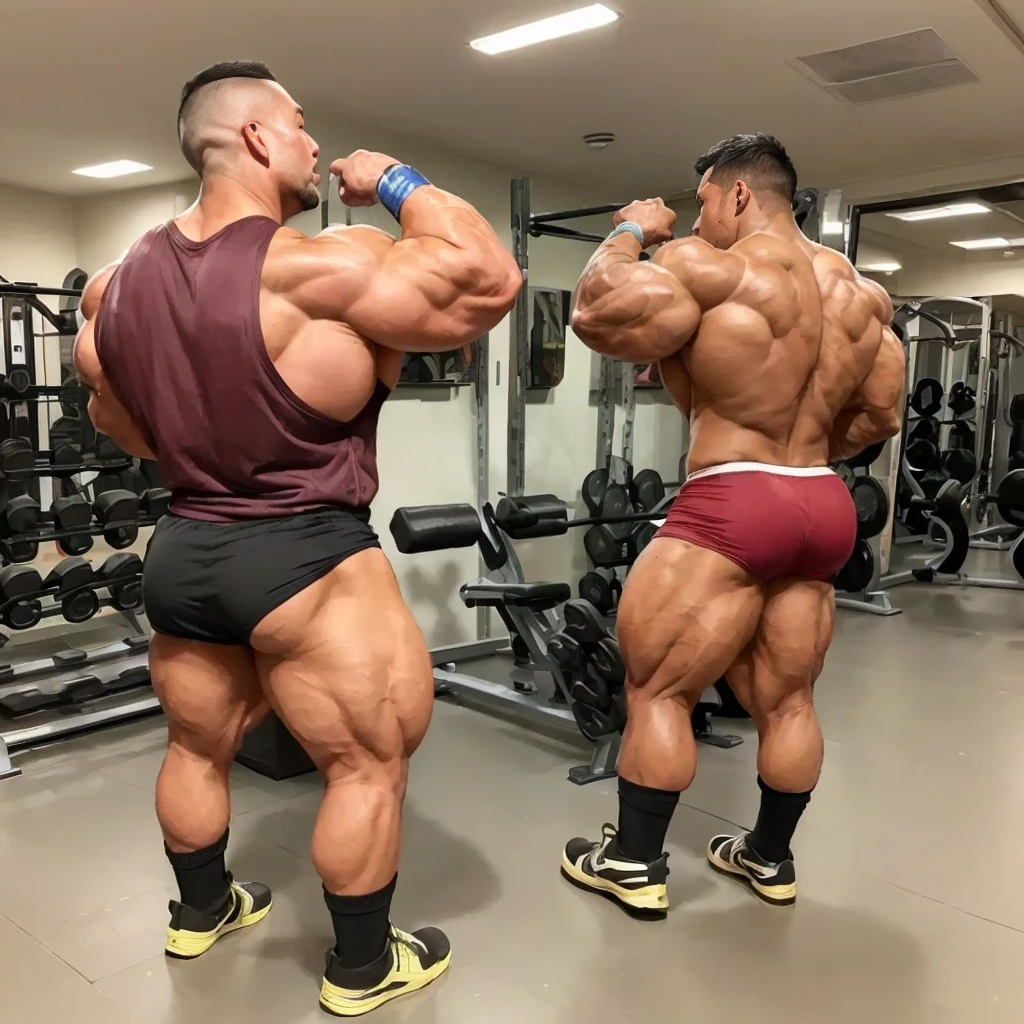 (one or two bodybuilders:1.4), (back view:1.4), (tank top:1.4), (at gym:1.4), 40's, Japanese man, manly face, fat face, (round face:1.4), (monolid eyes:1.2), (buzz cut:1.4), very large and strong body, bulky body, beefy muscles, (bulging muscles:1.4), (very large pectoral muscles:1.4), (muscular arms:1.4), muscular abs, muscular legs, muscular back, bright oily skin, (realistic:1.2), distant view