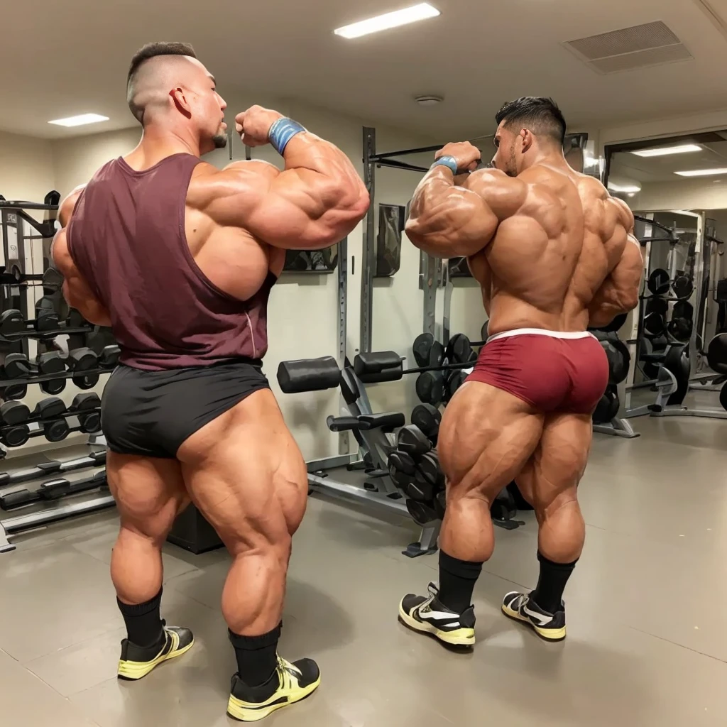 (one or two bodybuilders:1.4), (back view:1.4), (tank top:1.4), (at gym:1.4), 40's, Japanese man, manly face, fat face, (round face:1.4), (monolid eyes:1.2), (buzz cut:1.4), very large and strong body, bulky body, beefy muscles, (bulging muscles:1.4), (very large pectoral muscles:1.4), (muscular arms:1.4), muscular abs, muscular legs, muscular back, bright oily skin, (realistic:1.2), distant view