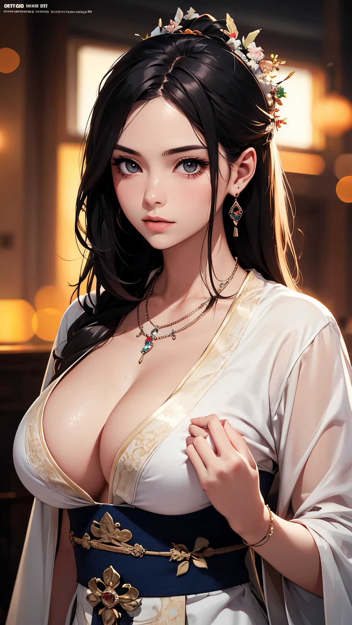 best quality, masterpiece, High resolution, a girl, Tang dynasty clothing, necklace, jewelry, pretty face, big breasts, more than_Body, Tyndall effect, lifelike, dark studio, edge lighting, two-tone lighting, (HD skin: 1.2), 8K Ultra HD, SLR camera, soft light, high quality, Volumetric lighting, frank, photography, High resolution, 4K, 8K, Bokeh,