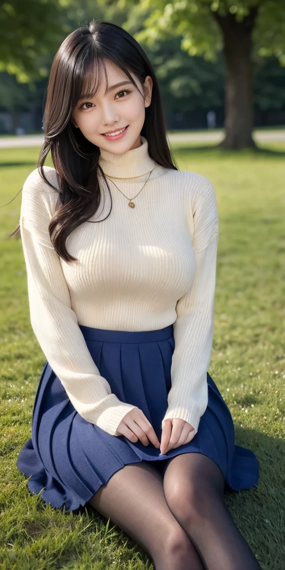 23 is a novel, wavy black hair、beige turtleneck sweater, plump nipples、long pleated skirt of dark blue color,medium milk, cute smile、beautiful necklace、black high heels、sexy lace panties、Visible shot of the whole body、on the grass in the park、Cute smile with upward glances、spread your legs wide