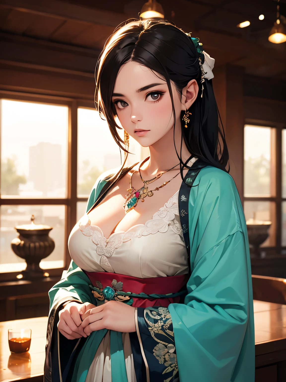 best quality, masterpiece, High resolution, a girl, Tang dynasty clothing, necklace, jewelry, pretty face, big breasts, more than_Body, Tyndall effect, lifelike, dark studio, edge lighting, two-tone lighting, (HD skin: 1.2), 8K Ultra HD, SLR camera, soft light, high quality, Volumetric lighting, frank, photography, High resolution, 4K, 8K, Bokeh,