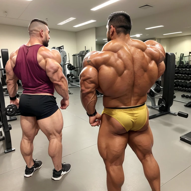 (one or two bodybuilders:1.4), (back view:1.4), (tank top:1.4), (at gym:1.4), 40's, Japanese man, manly face, fat face, (round face:1.4), (monolid eyes:1.2), (buzz cut:1.4), very large and strong body, bulky body, beefy muscles, (bulging muscles:1.4), (very large pectoral muscles:1.4), (muscular arms:1.4), muscular abs, muscular legs, muscular back, bright oily skin, (realistic:1.2), distant view