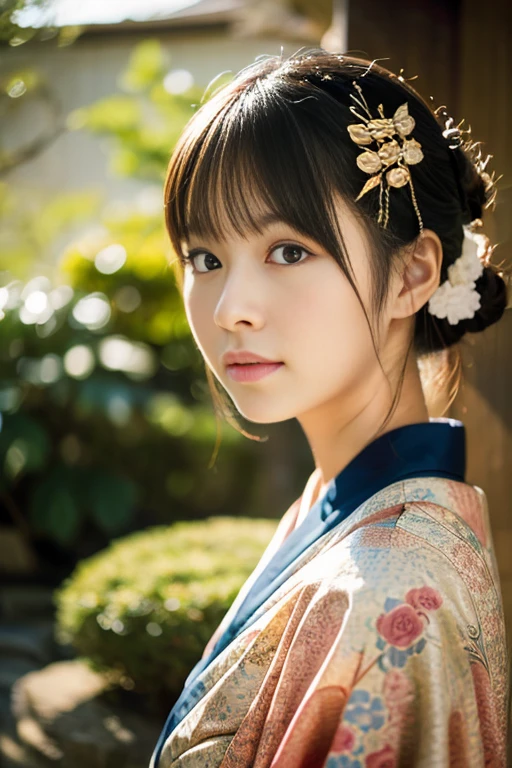 (8k, RAW photo, best quality, perfect anatomy, masterpiece:1.2), (realistic, photo-realistic:1.4), (extremely detailed 8k wallpaper), sharp focus, professional lighting, depth of field, cinematic lighting, 25 years old Beautiful and cute japanese actress, Low - Angle, Traditional Japanese kimono, Furisode, Graceful pose, Intricate patterns, Vibrant colors, Japanese textile artistry, Traditional Japanese hairstyle, Kanzashi, Ornate hair accessories, Serene atmosphere, Traditional Japanese backdrop, Tatami room, Japanese garden, Sophisticated beauty, Timeless allure