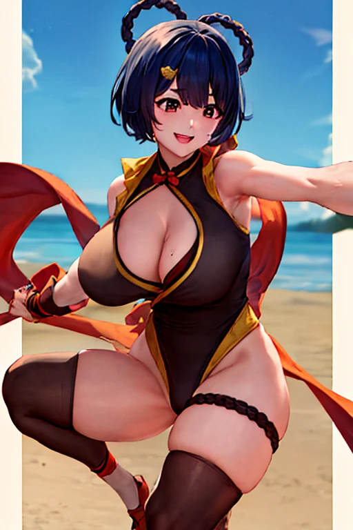 masterpiece, best quality, beautiful art, high resolution, well formed hands, body and fingers, 1 woman, solo, Xiangling, adult, grown up ,big breasted, cleavage, full body, black stockings, sleeveless, leotard peeking, pelvic curtain, sexy Japanese clothes, maid, hair ornament, gorgeous legs and thighs, she is fighting in a combat match at a martial arts tournament, she is getting ready to fight, making her guard pose, action and fighting scene, about to hit the viewer, looking at the viewer, sweating , feeling confident and proud, smiling joyfully and happily, charming her opponent with her beauty, bouncing breasts, fighting scene, martial arts tournament on the beach