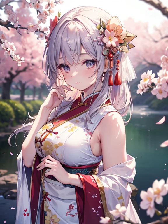 masterpiece,extremely detailed CG unity 8k wallpaper,1girl, beautiful, realistic, blurry, blurry_background, blurry_foreground, branch, plum blossom, depth_of_field, flower, jewelry, nose, realistic, solo,chinese clothes,fingers hidden, arms hidden, only wearing a bra