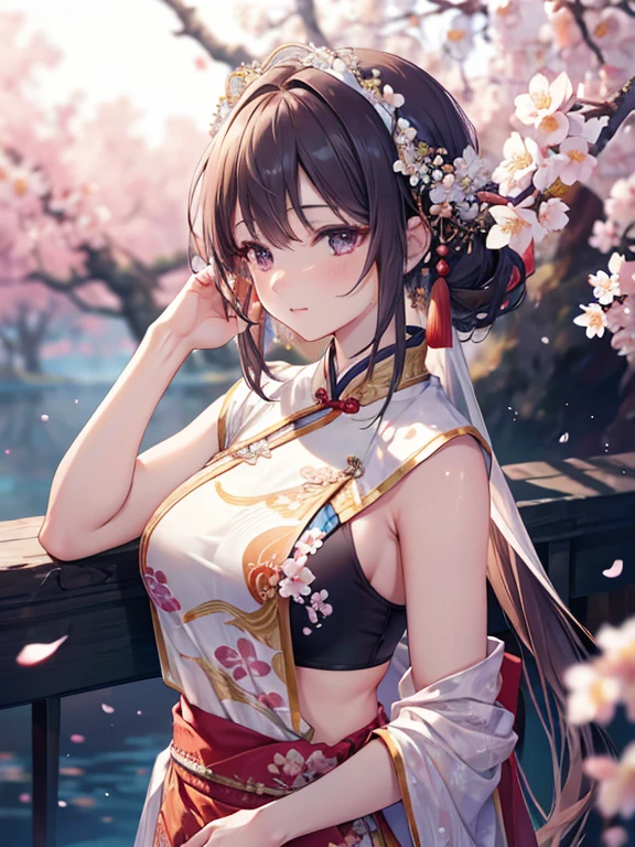 masterpiece,extremely detailed CG unity 8k wallpaper,1girl, beautiful, realistic, blurry, blurry_background, blurry_foreground, branch, plum blossom, depth_of_field, flower, jewelry, nose, realistic, solo,chinese clothes,fingers hidden, arms hidden, only wearing a bra