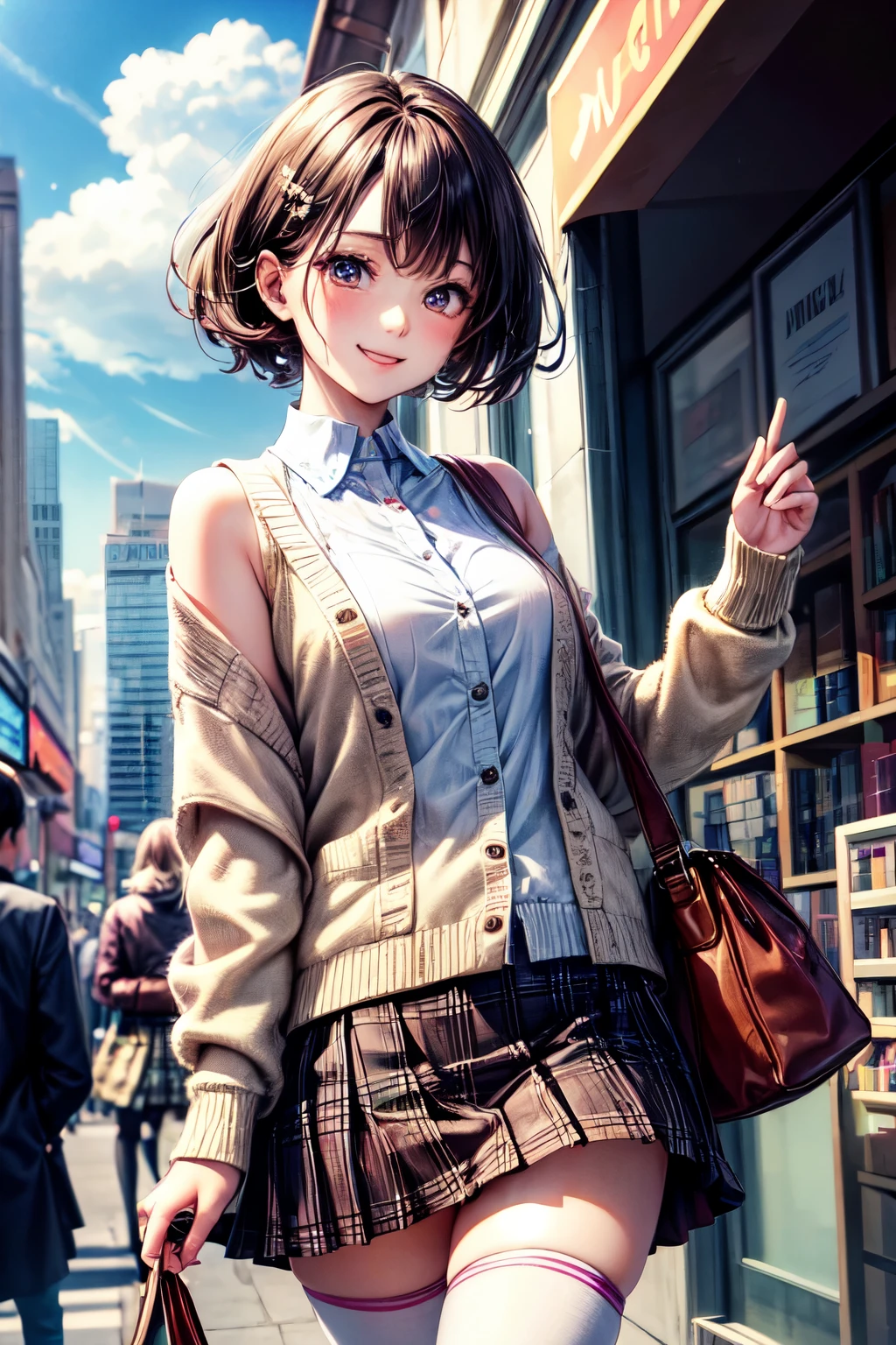 very cute and beautiful girl,teen,(highly detailed beautiful face),(white blouse),(smile),
(beige cardigan:1.2) BREAK (brown shoulder bag),(brown plaid mini skirt:1.2),zettai ryouiki,
stylish pose,hair ornament,black hair,black boots,city square,station,book shop show window,
(best quality,masterpiece:1.0),absurdres,highres,ultra-detailed,extremely detailed,32k,8k resolution,
intricate details,cinematic scene,detailed background,solo,dynamic angle,
hair fluttering in the wind,beautiful detailed sky,