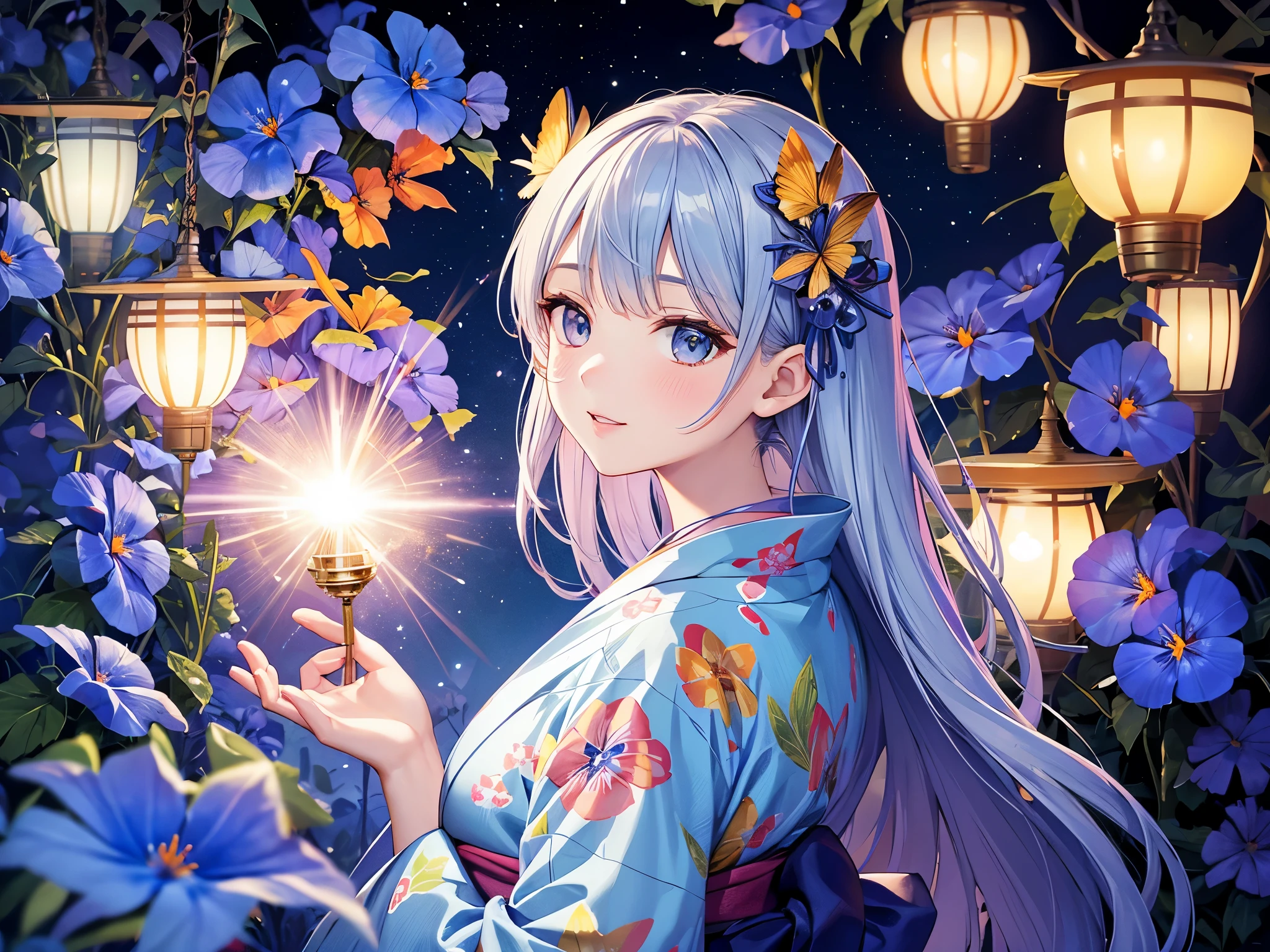 ((highest quality)),(ultra high resolution),(Super detailed),(detailed description),((best CG)),(best work of art),super precision art,amazing drawing art,(Fantasy art with intricate detail:1.5), (woman:1.6),(beautiful and well-shaped face:1.5),(A yukata with morning glories on light blue fabric:1.6) Colorful fireworks light up the night sky、Lights her up beautifully。She is looking up at the fireworks with joy。